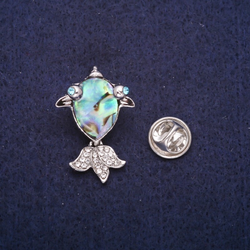 Sale! Fish Brooch with Haliotis Cabochon and Crystals, Silver Metal 19x28mm