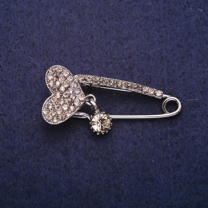 Sale! Heart in Crystals Brooch Pin, Gray Metal 17×41 mm