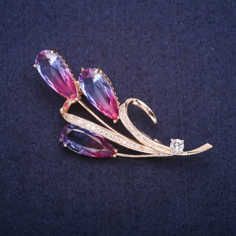 Sale! Twig Brooch with pink-blue crystals in Swarovski style, golden metal 32×65mm