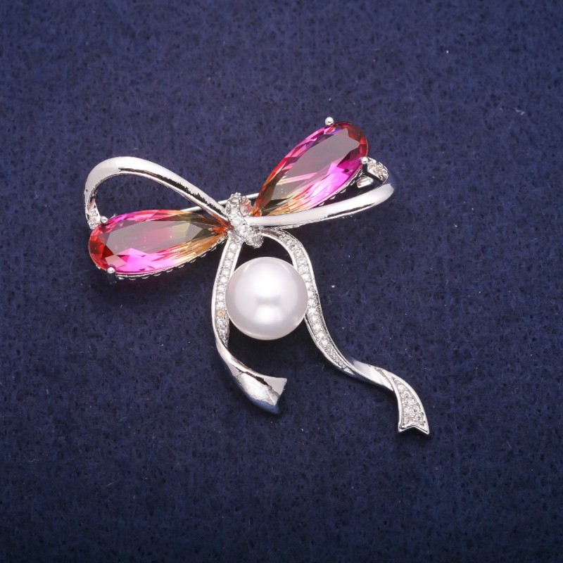 Sale! Bow Brooch with a seed bead and yellow-pink crystals in Swarovski style, silver-toned metal 45x47mm