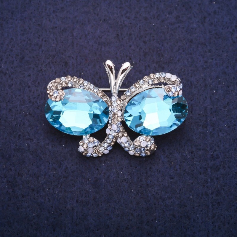 Sale! Butterfly Brooch with Blue Crystals, Silvery Metal 26x38mm
