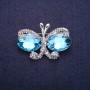 Sale! Butterfly Brooch with Blue Crystals, Silvery Metal 26x38mm