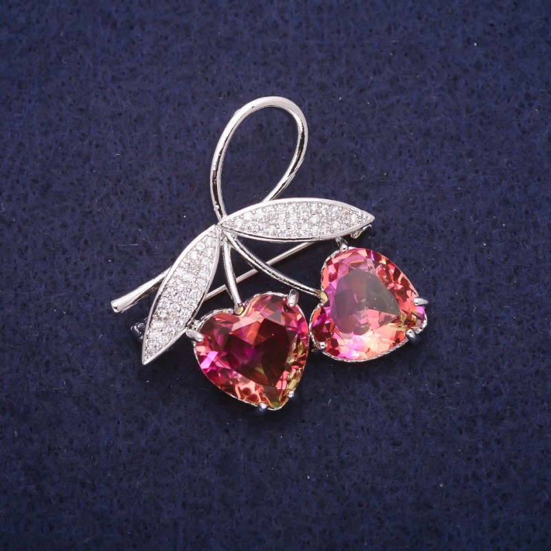 Sale! Branch Brooch with Yellow-Pink Crystals in Swarovski Style, Silver-Tone Metal 35×37 mm