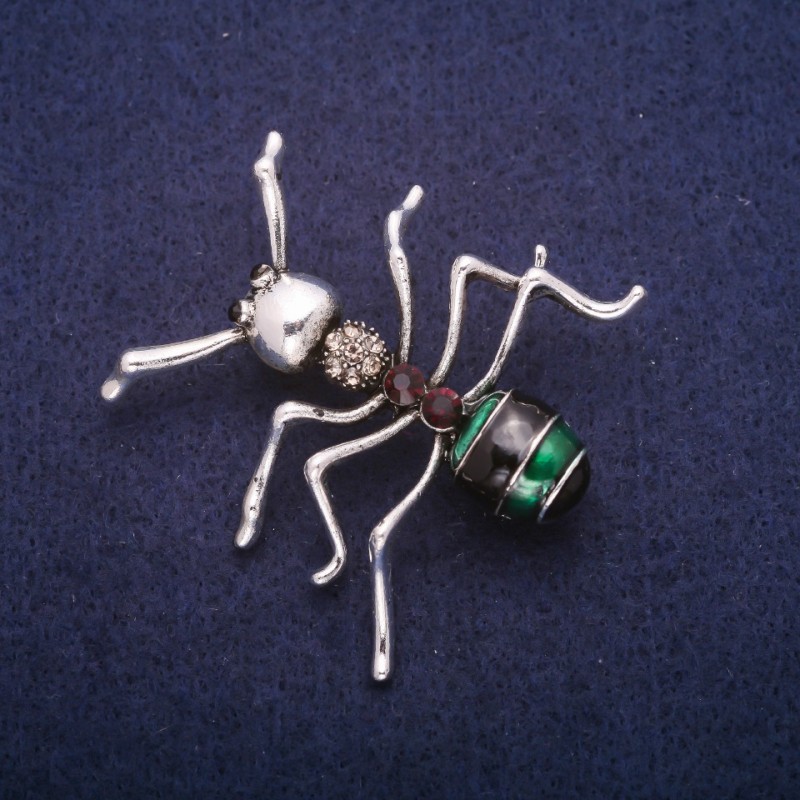 Sale! Ant Brooch with Enamel and Crystals, Silver-Tone Metal 44x45 mm