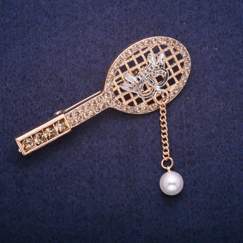 Sale! Brooch 'Racket' with seed-bead pendant in gray rhinestones, gold-tone metal 24x64