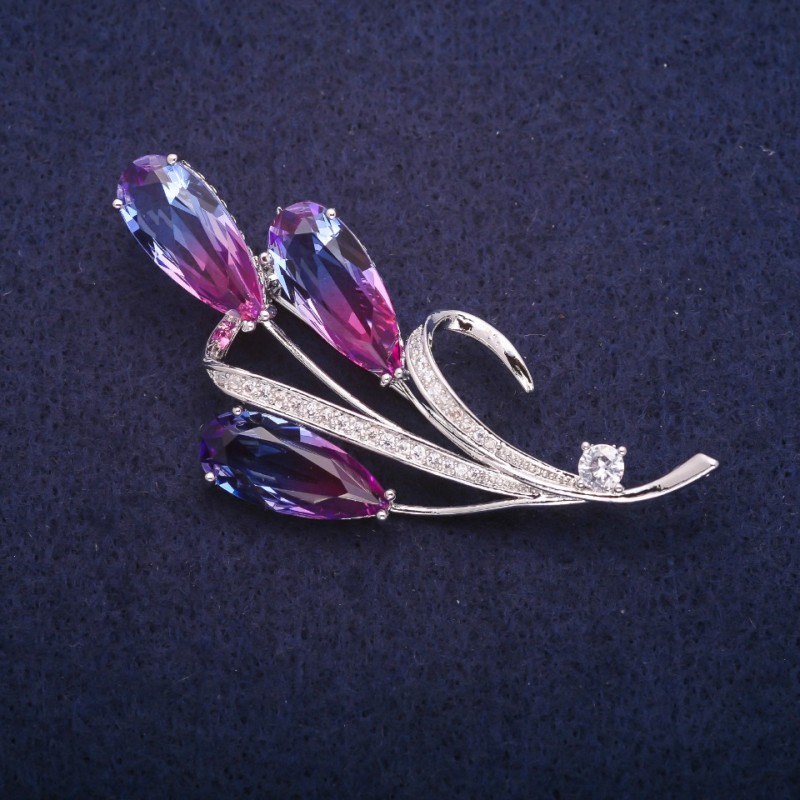 Sale! Twig Brooch with Pink-Blue Crystals in Swarovski Style, Silver-Tone Metal 32x65mm