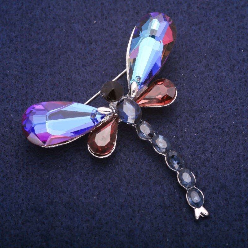 Sale! Dragonfly Brooch in Crystals, Silver-Colored Metal 52×58 mm