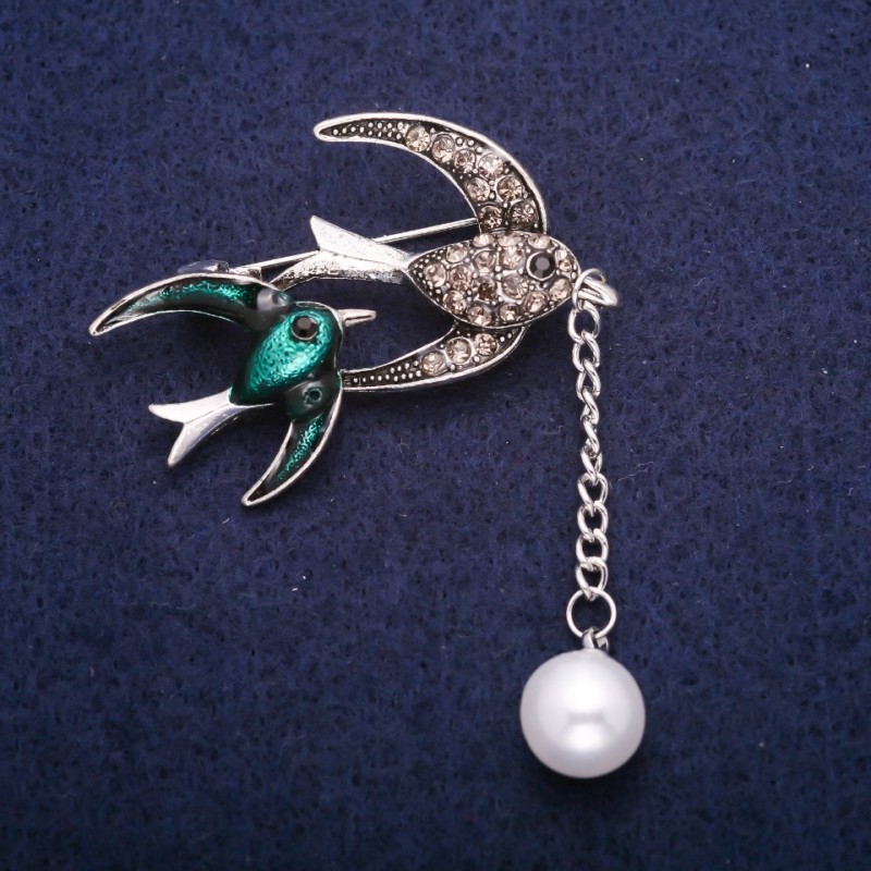 Sale! Bird-shaped Brooch with Enamel, Bead and Rhinestones, Gray Metal 32x41mm