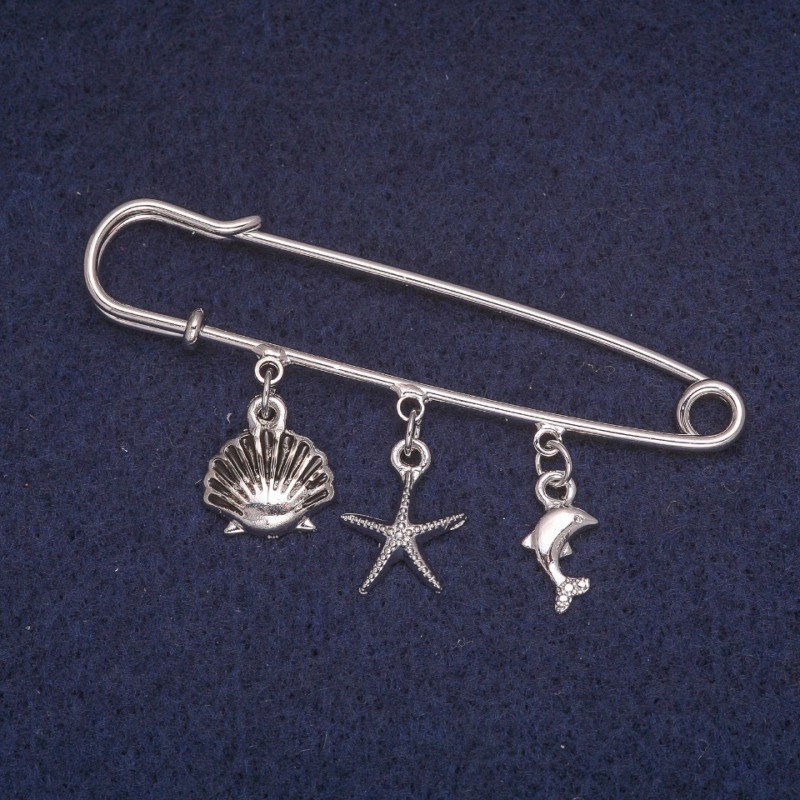 Sale! Brooch Pin with Sea Pendants, Silver-Tone Metal 13×60 mm