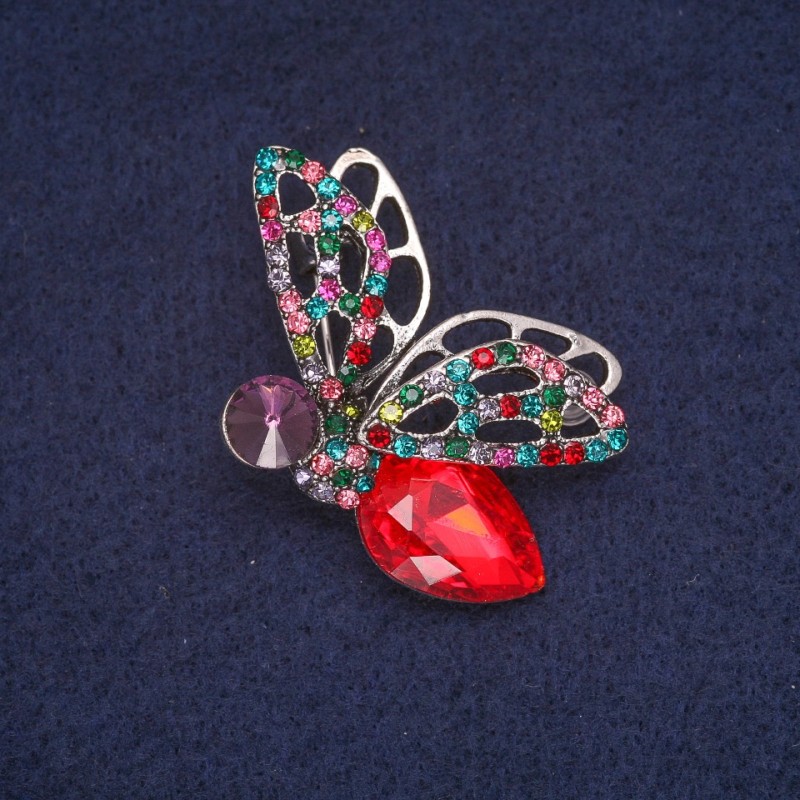 Butterfly Brooch with Crystals, Silver-Toned Metal 28×45 mm
