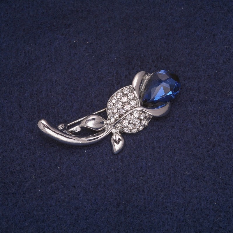 Sale! Brooch 'Rose with Blue Crystal' and White Rhinestones, Silver-Tone Metal 24×45 mm