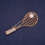 Sale! Tennis Racket Brooch with Ball Bead, Golden Metal, White Crystals 22×56 mm