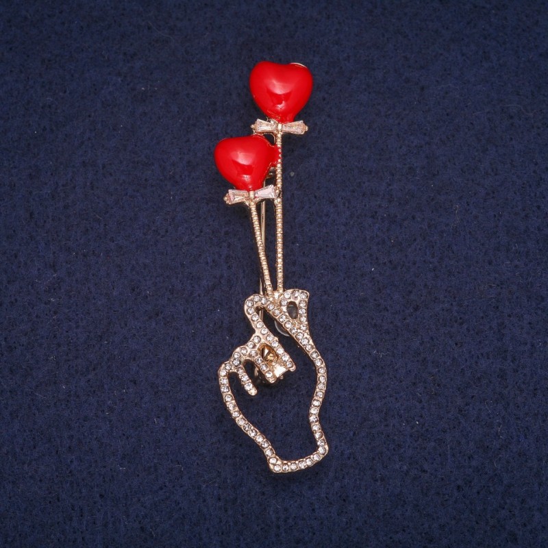 Sale! Brooch 'Symbol of Love' red enamel with white crystals, gold-tone metal 16 x 62 mm