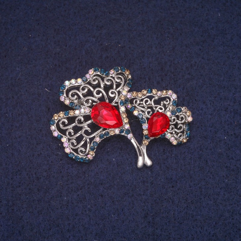 Sale! Leaf-shaped Brooch with Crystals, Silver-Colored Metal 33x41mm