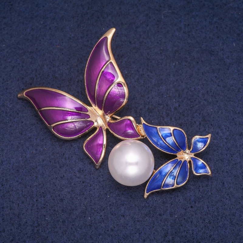 Sale! Butterflies Brooch with Enamel and Bead, Gold-tone Metal 50x65mm