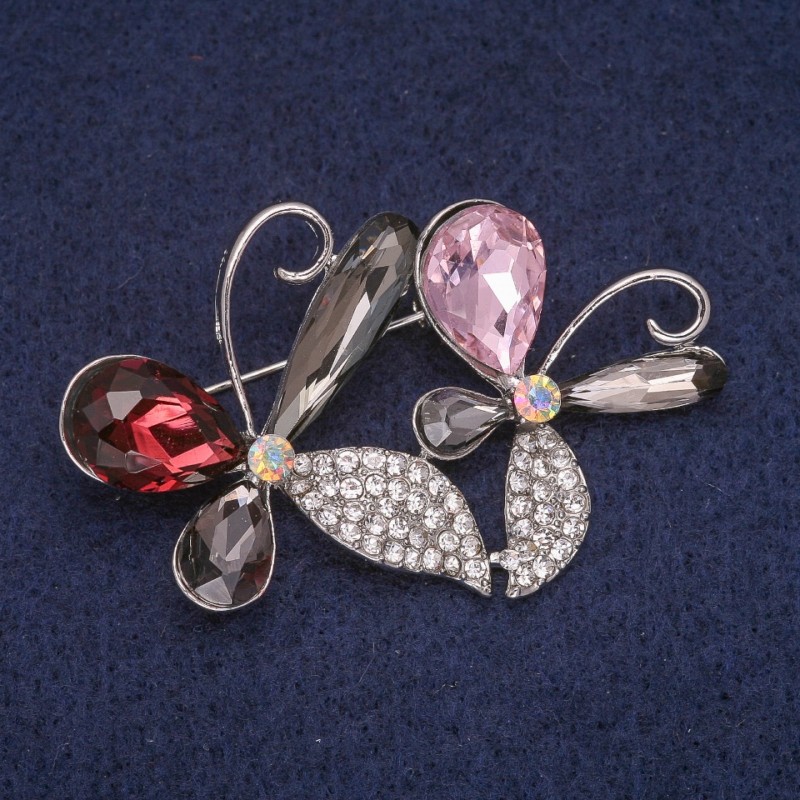Sale! Flower in Crystals Brooch, Silver-Tone Metal 34x51mm