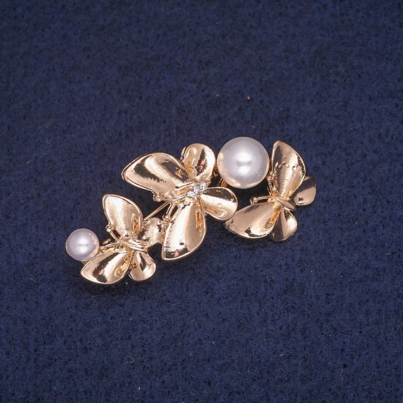 Sale! Butterfly Brooch with Beads and Rhinestones, Golden Metal 22×41mm