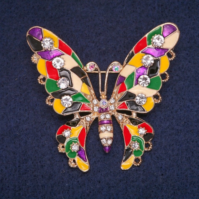 Sale! Butterfly Brooch with Colorful Enamel and Crystals, Gold-Tone Metal 53×47mm