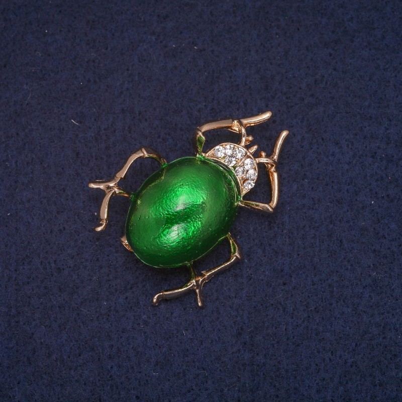 Sale! Beetle Brooch with Green Enamel and White Crystals, Gold-Toned Metal 28×37 mm