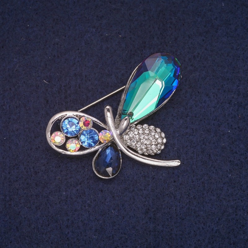 Dragonfly Brooch with Blue Crystals and Rhinestones, Silver-Toned Metal 31x43mm