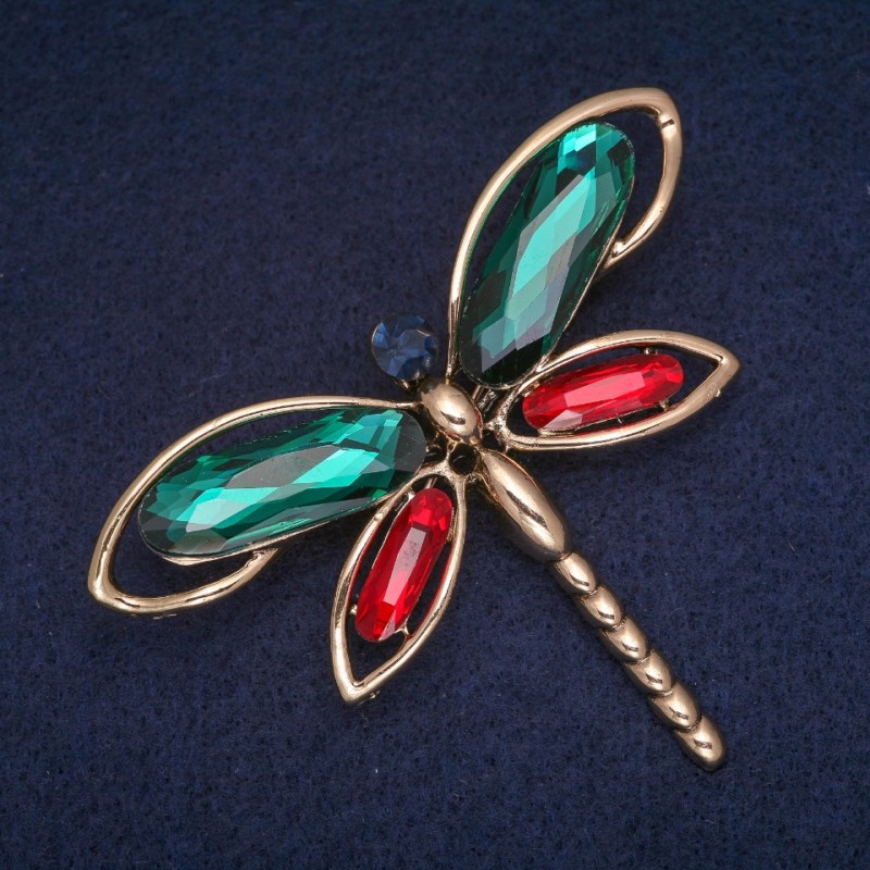 Sale! Dragonfly Brooch with green, red and blue crystals, golden metal 54x71 mm