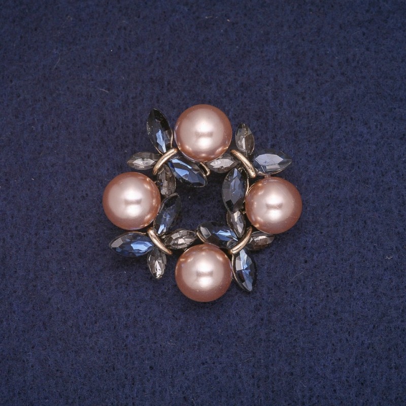 Sale! Wreath Brooch with Beads, Blue and Gray Crystals, Gold-Tone Metal 34×35mm
