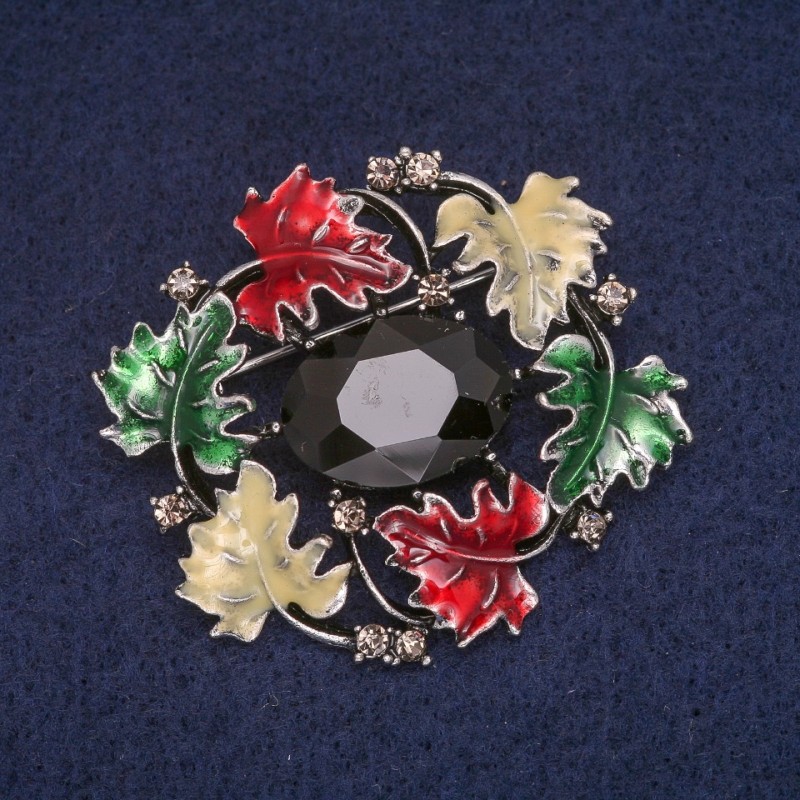 Sale! Brooch 'Leaves' with enamel and crystal, gray metal 39×43 mm