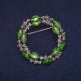 Sale! Brooch 'Wreath' with green crystals and white rhinestones, gray metal 36×37 mm