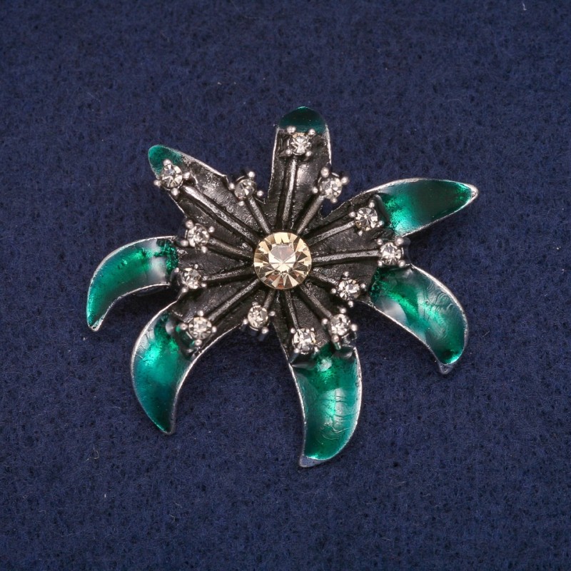 Sale! Flower Brooch with Green Enamel and Rhinestones, Gray Metal 37×41 mm