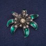 Sale! Flower Brooch with Green Enamel and Rhinestones, Gray Metal 37×41 mm
