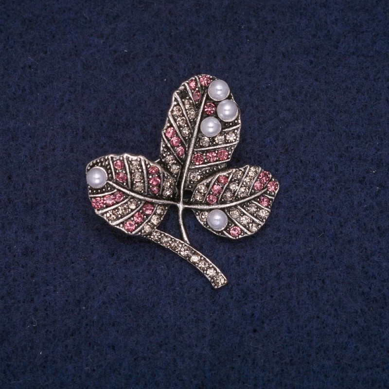 Sale! Brooch 'Leaves on a Branch' with beads, white and pink crystals, gray metal 29×32mm