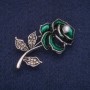 Sale! Rose Brooch with Green Enamel, Bead and Crystals, Silver-Tone Metal 23×48 mm