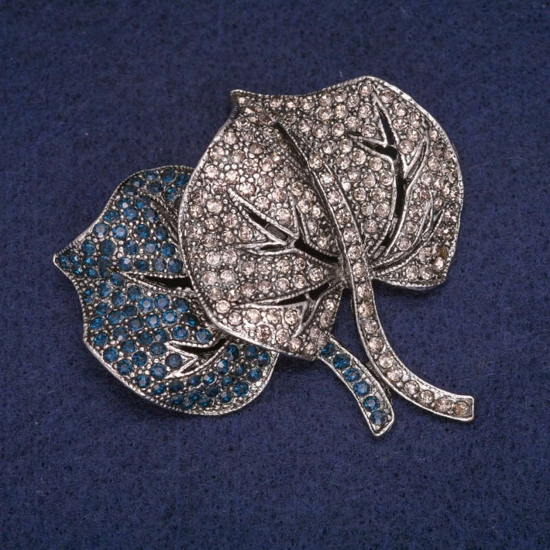 Sale! Leaf Brooch with Blue and Gray Rhinestones, Silver-Tone 54x54mm