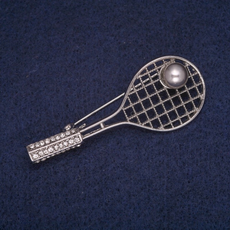 Sale! Tennis Racquet Brooch with Ball Bead, Silver-Tone Metal, White Crystals 22x56mm