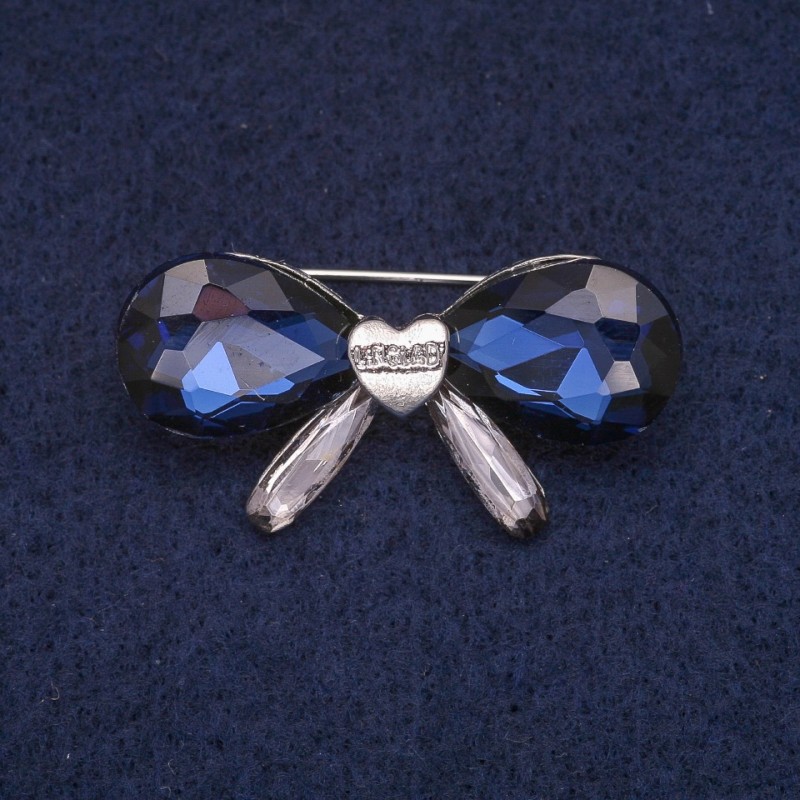 Sale! Bow Brooch with Blue Crystals, Silver-Tone Metal 20x40 mm