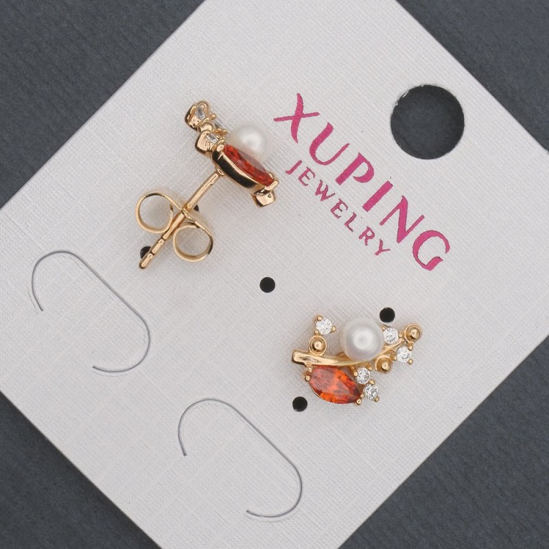 Xuping Stud Earrings with Red Crystals and Majorca, 8x13 mm diameter, 18K Gold Plating