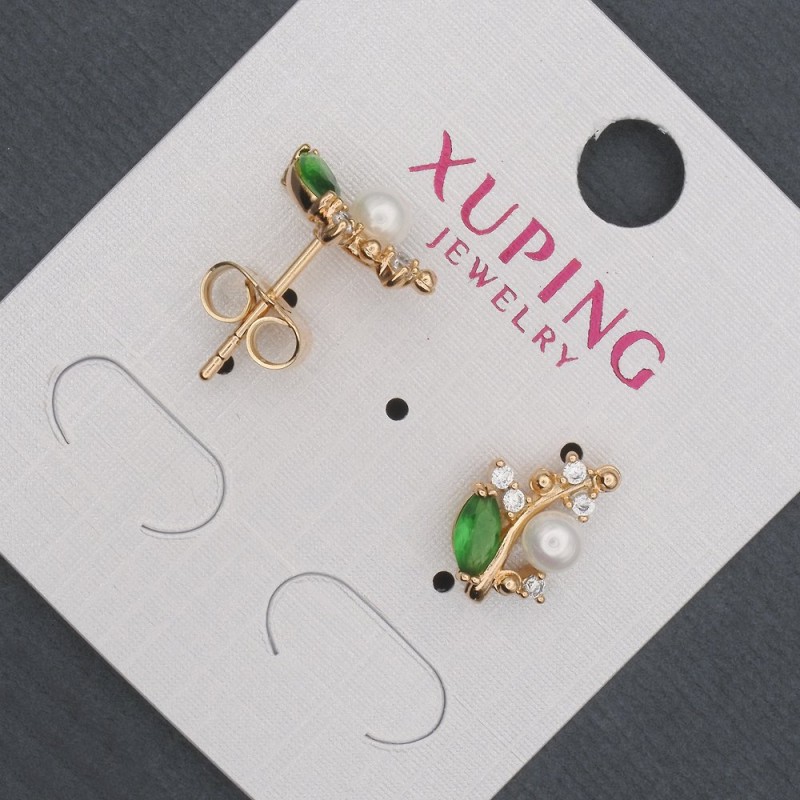 Xuping stud earrings with green crystals and Majorca pearl, diameter 8×13 mm, 18K gold plated