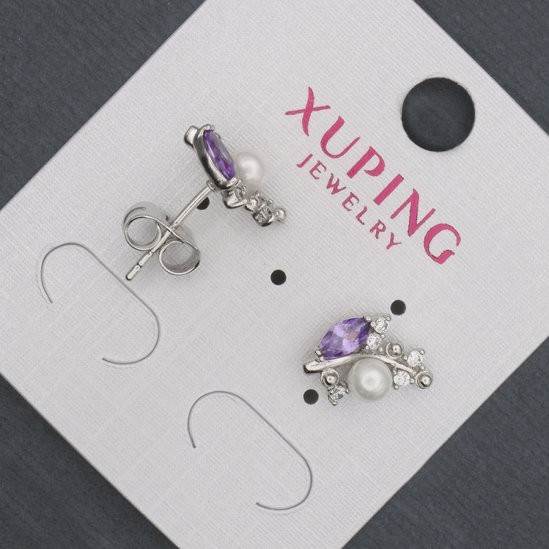Xuping stud earrings with lilac crystals and Majorca pearls, 8x13 mm diameter, Rhodium