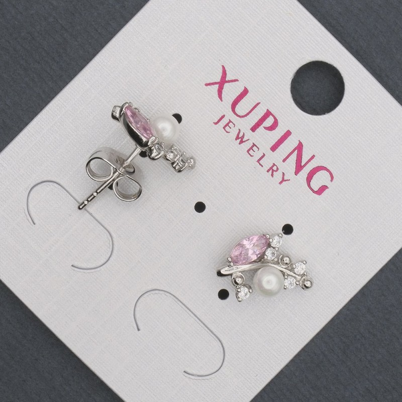 Xuping Stud Earrings with Pink Crystals and Mallorca Pearl, 8×13 mm Rhodium-plated