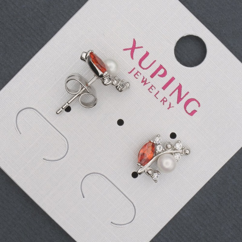 Xuping Stud Earrings with Red Crystals and Majorca Pearls, 8x13 mm, Rhodium-plated