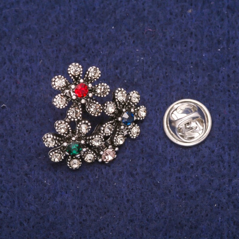 Sale! Flower Brooch with Gray, Red, Green and Blue Rhinestones, Silver-Tone Metal 24x25mm