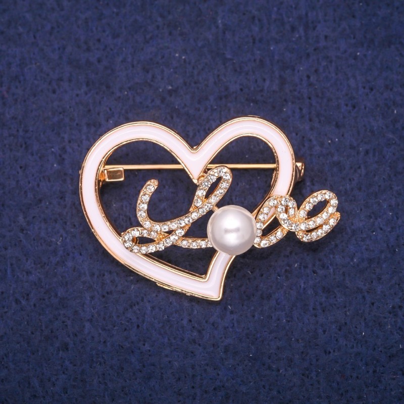 Sale! Brooch 'Heart' with White Enamel, Crystals and Bead, Gold-Tone Metal 30×41 mm