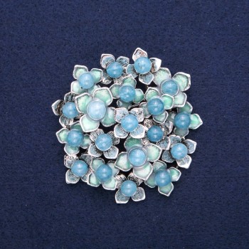 Brooch 'Flowers with Aquamarine', blue enamel, silver-toned metal 60x62mm