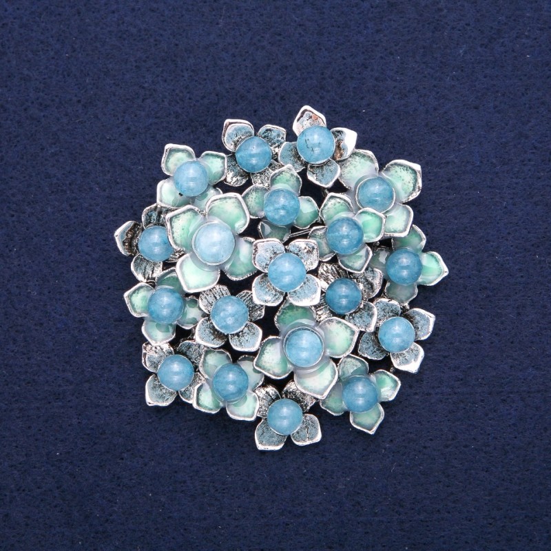 Brooch 'Flowers with Aquamarine', blue enamel, silver-toned metal 60x62mm