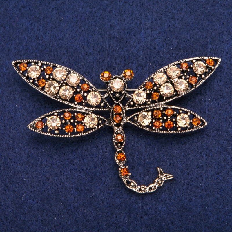 Sale! Dragonfly Brooch with Yellow Crystals, Gold-Tone Metal 45×74 mm