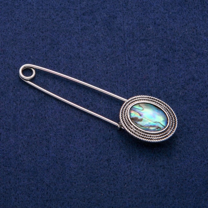 Brooch Pin with Haliotis cabochon 21×78 mm, silver-toned metal
