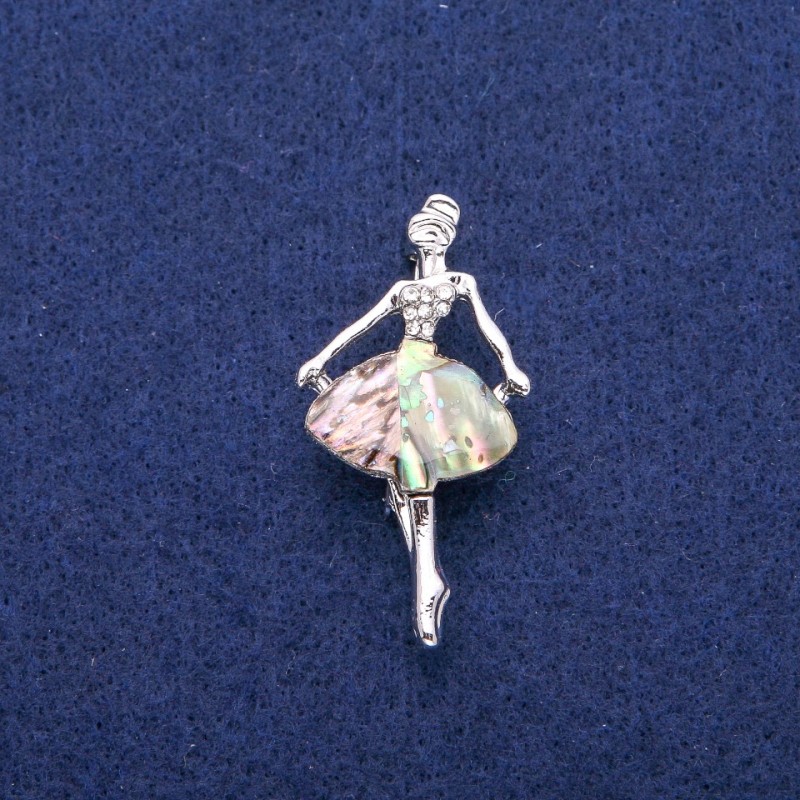 Sale! Ballerina Brooch with Abalone Mother-of-Pearl and Crystals, 23×44 mm, Silver-Tone Metal