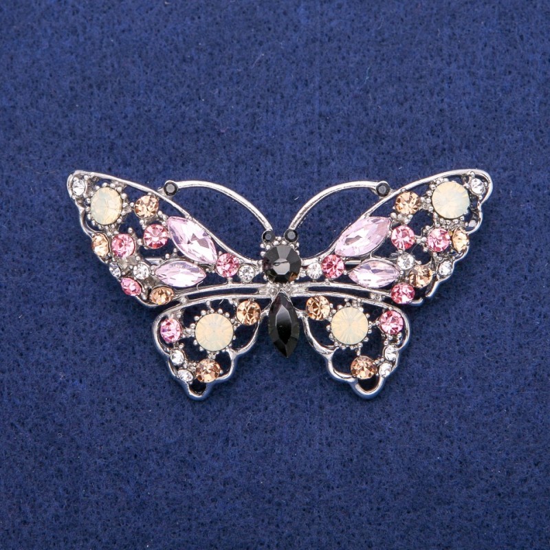 Sale! Butterfly Brooch with Crystals, Silvery Metal 35×68 mm