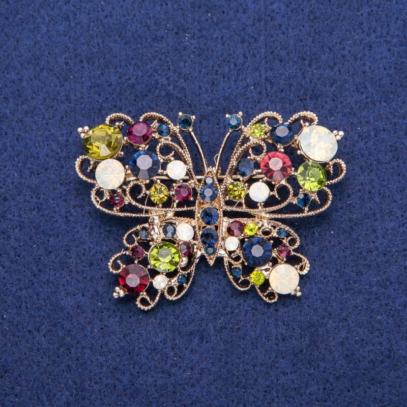 Sale! Butterfly Brooch with Crystals in Gold Tone Metal 39×54 mm