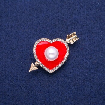 Clearance! Heart Brooch with Red Enamel, White Rhinestones and Seed Bead 25×42 mm, Gold-Tone Metal